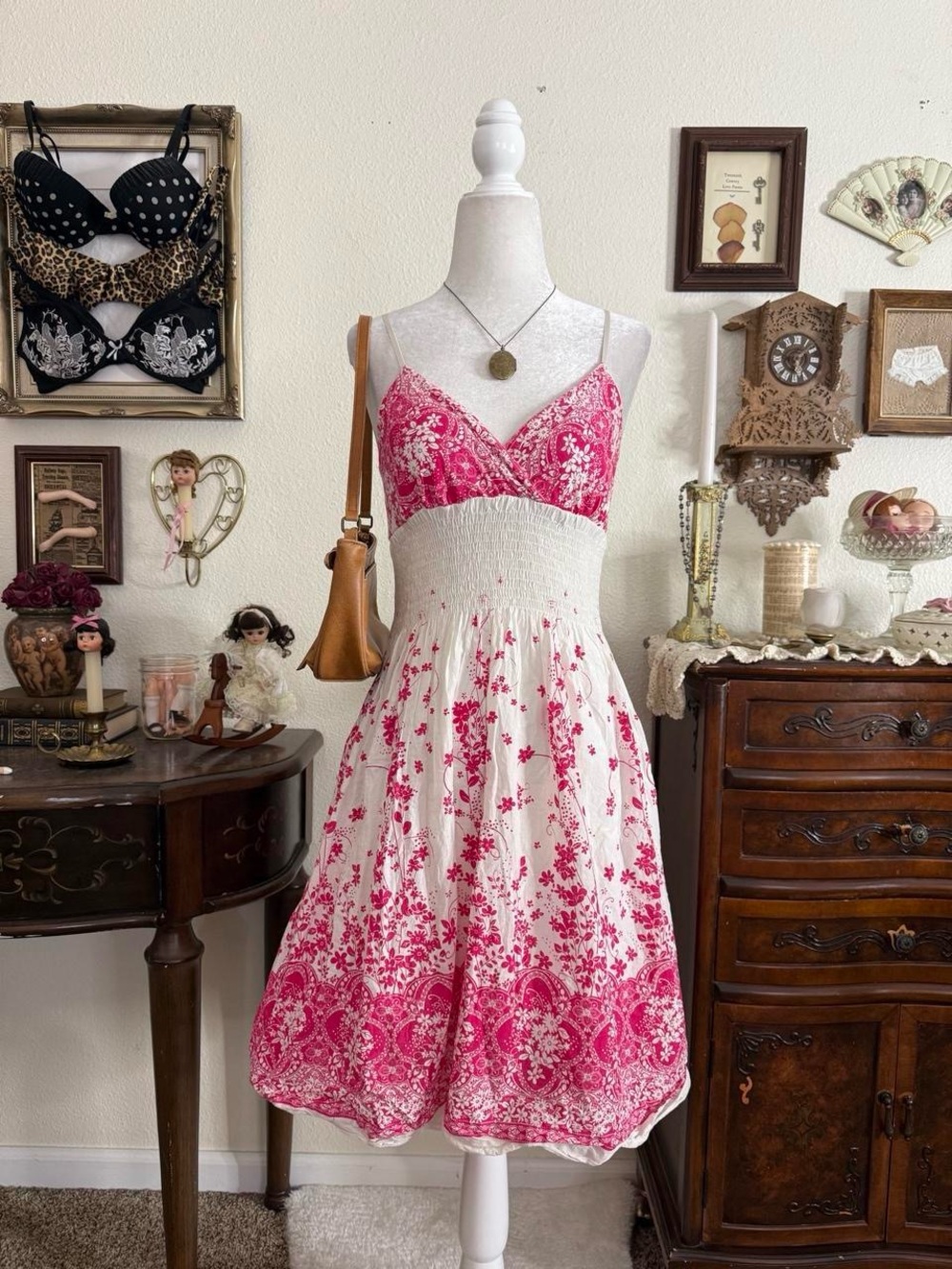 Y2k boho fairy grunge pink and white floral babydoll dress